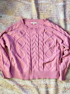 Francesca's Collections Pink Pearl-Embellished Cable Knit Crewneck Sweater